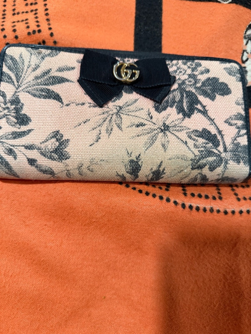 Gucci Pink Floral Canvas Wallet with Navy Bow and Gold GG
